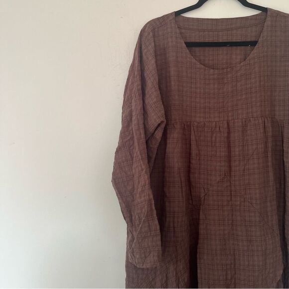 Cottagecore Brown Plaid Long Sleeve Hi/Lo Asymmetrical Hem Magic Maxi Dress - Picture 8 of 10